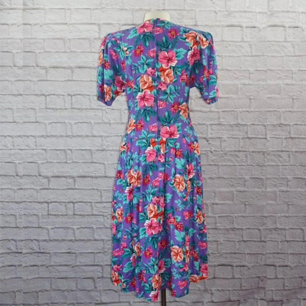 Vintage 80s Tropical Floral Midi Dress - Picture 2 of 10